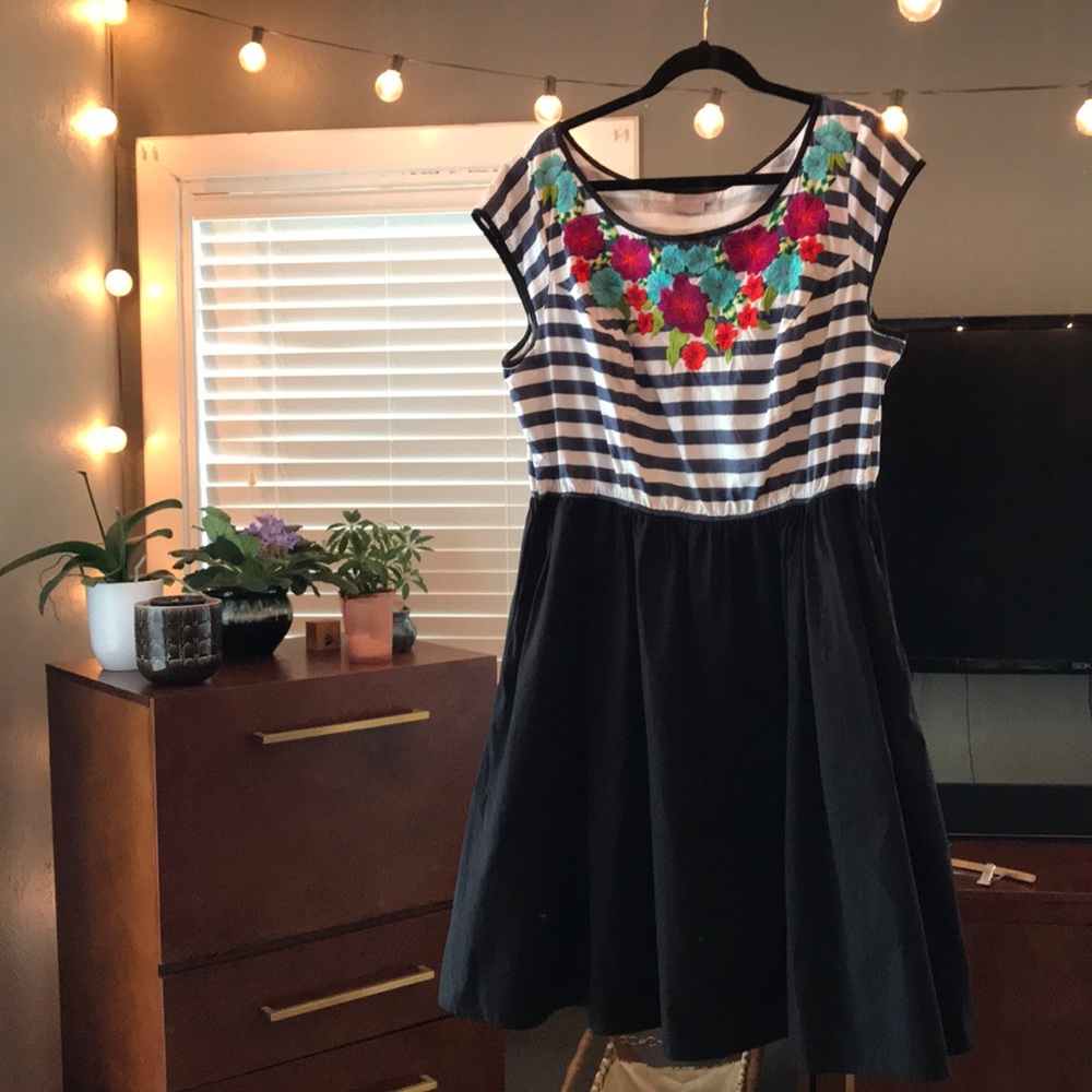 Cotton Floral & Striped Dress with Pockets